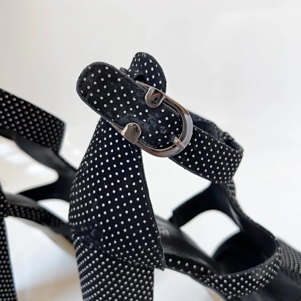 Baldi London Polka Dot Cage Sandal High Block Heel Open Toe Black White 8.5